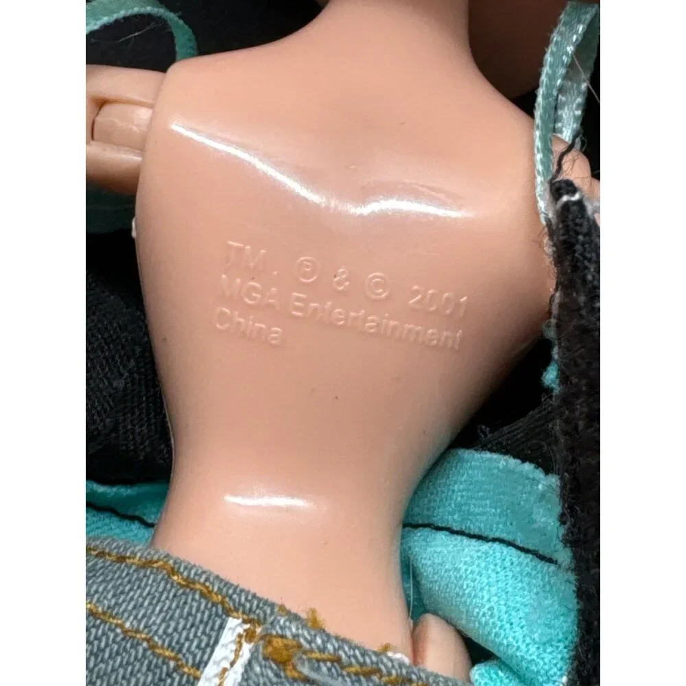 Bratz Doll With Long Brown Hair Black & Teal Top Distressed Flare Blue Jeans & P